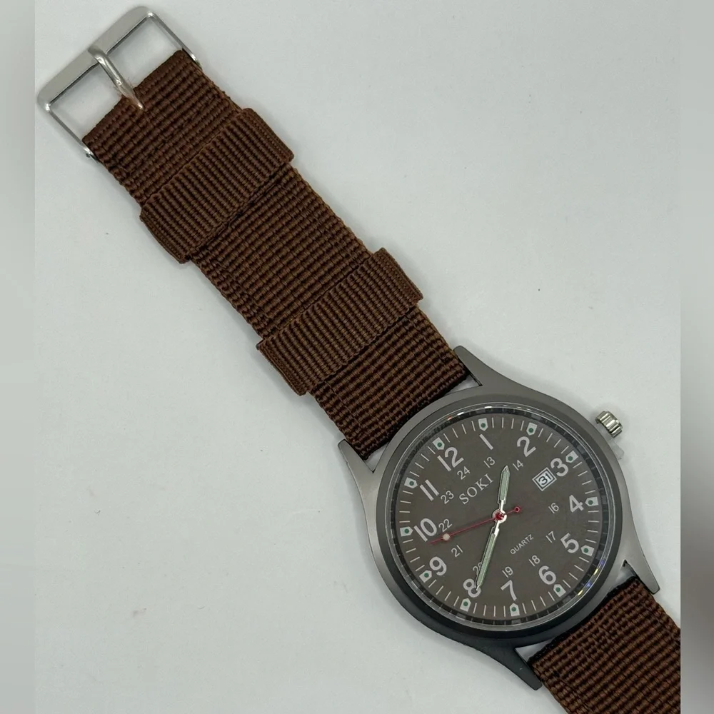 New Soki Canvas Brown Belt, Military Watch, Date Display, Men's (New Battery)